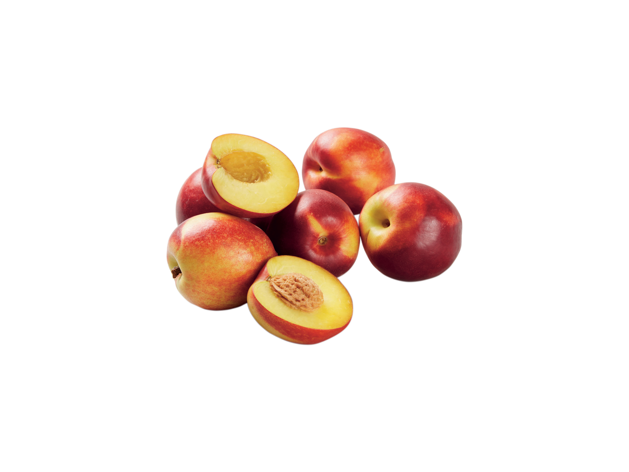 A pile of whole and halved nectarines with vibrant red and yellow skin.