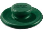 Green sanding block with a circular base and a handle on top.