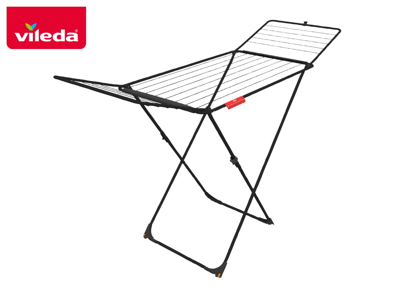 Black clothes drying rack with red accents, featuring a foldable design for easy storage.