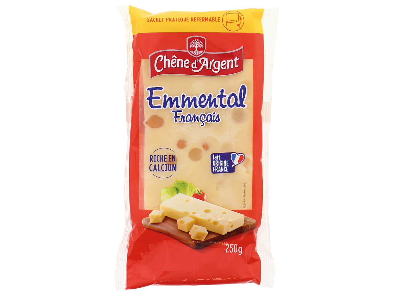 Emmental français en sachet refermable de 250g, riche en calcium et d'origine France.