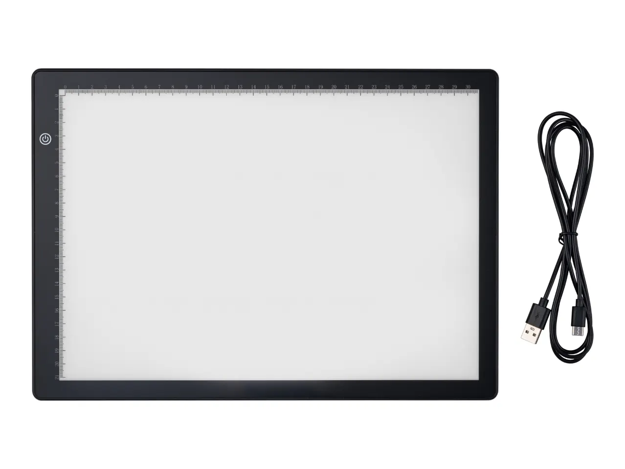 LED light pad with ruler markings and a USB cable