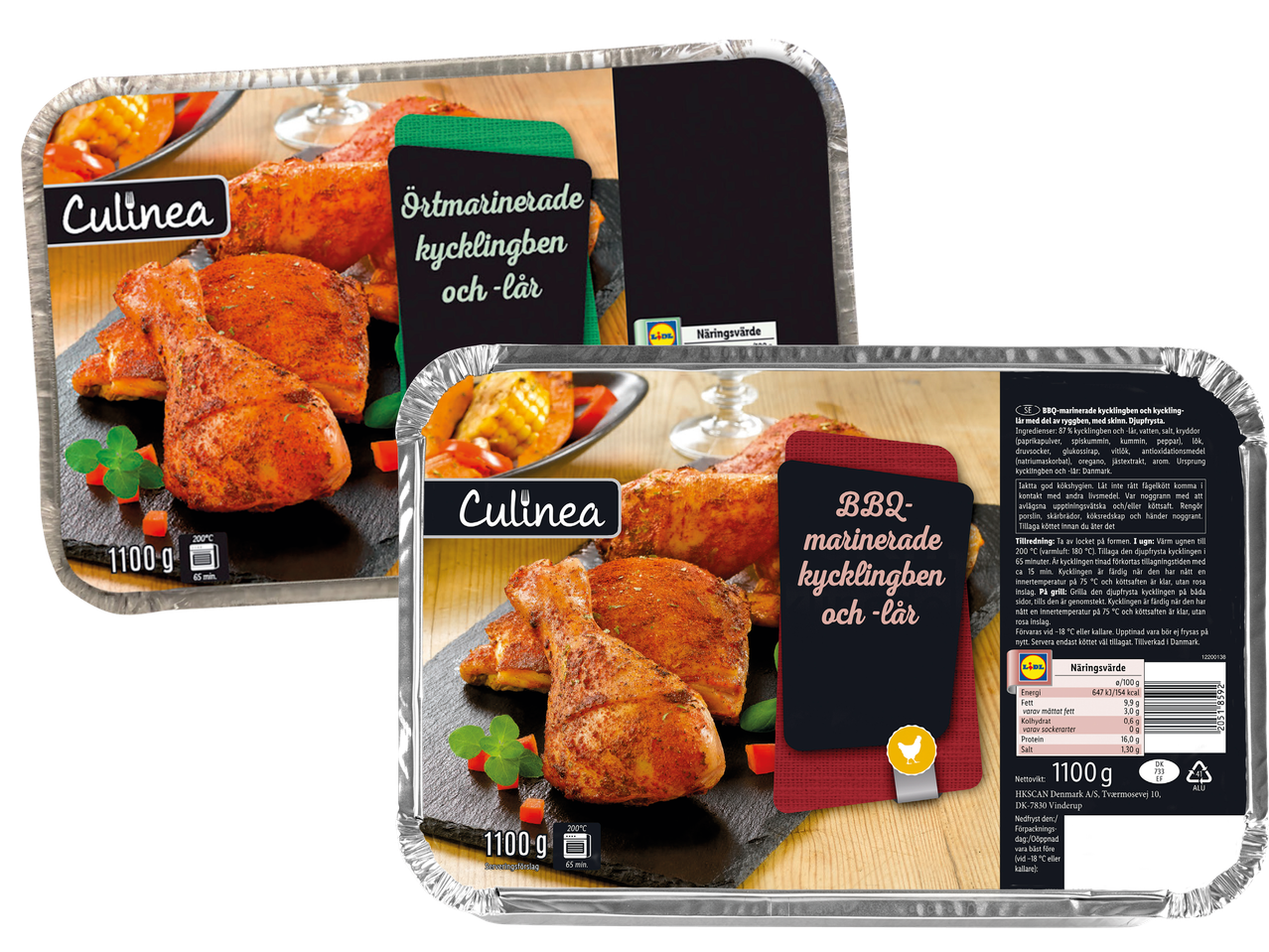 Två förpackningar med CULINEA BBQ-marinerade kycklingben och -lår.