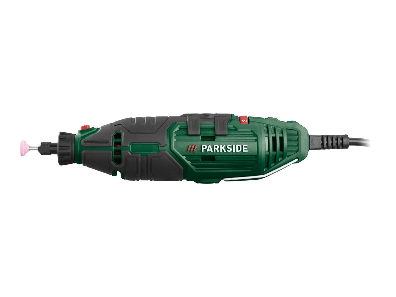 Green and black rotary tool with a pink grinding attachment, featuring a speed dial set to '2'.