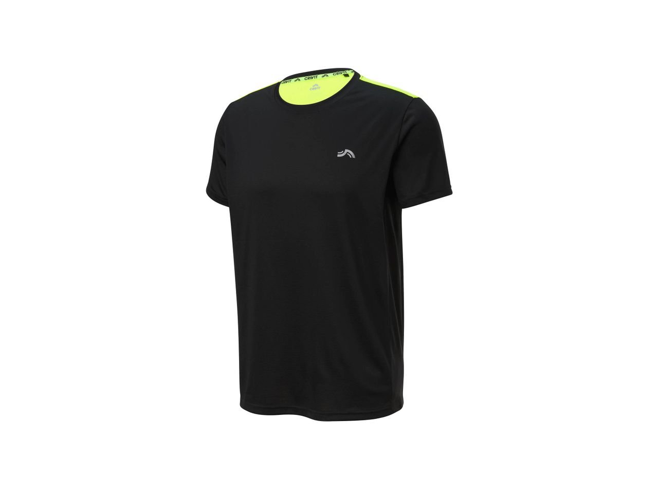 Black Crivit men's short-sleeved sports t-shirt with neon yellow trim.