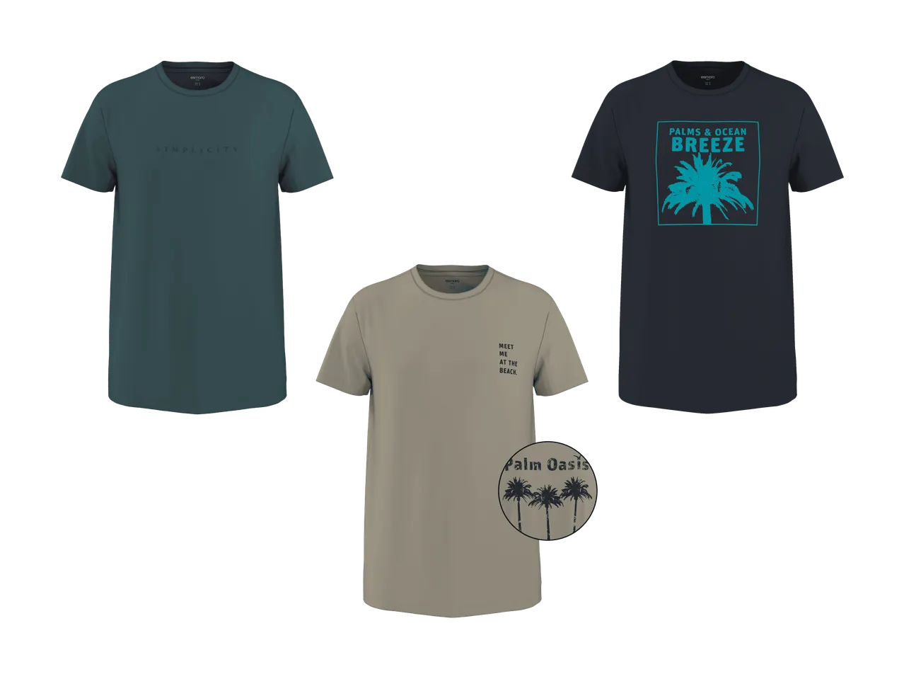 Trois t-shirts pour femmes : un bleu-vert avec 'SIMPLICITY', un beige avec 'MEET ME AT THE BEACH' et un bleu marine avec 'PALMS & OCEAN BREEZE'.