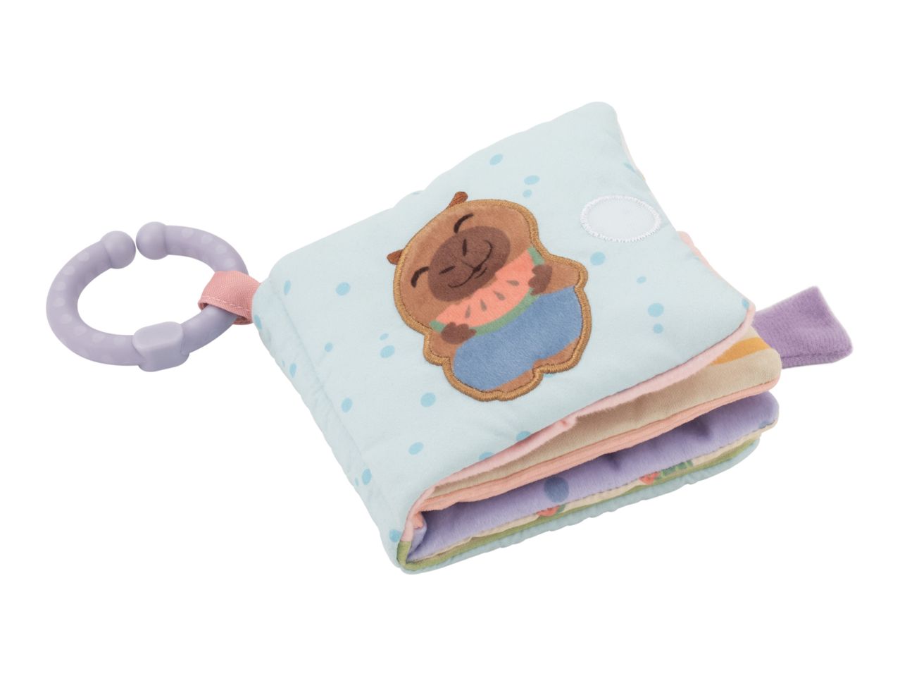 Soft baby activity book with a brown animal holding a watermelon, attached to a purple teether ring.