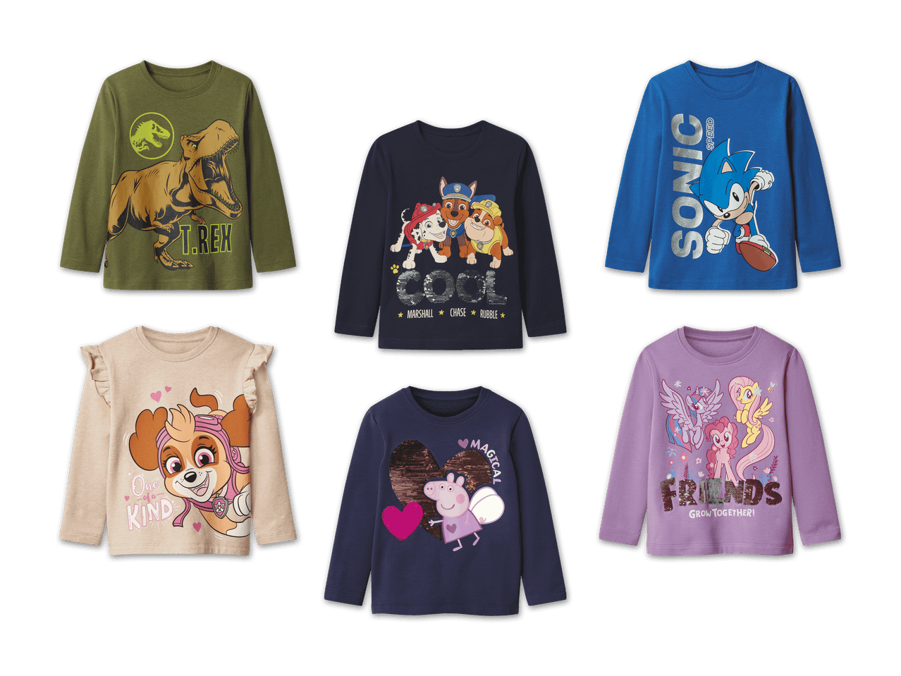 Sechs Langarmshirts für Kinder mit Motiven von Jurassic Park, Paw Patrol, Sonic, Peppa Pig und My Little Pony.