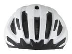 White bicycle helmet with black vents and reflective strips, rear view.