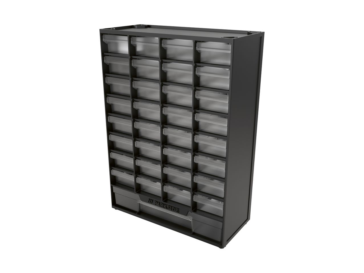 A Parkside 30-drawer organizer with transparent drawers, ideal for small parts storage.
