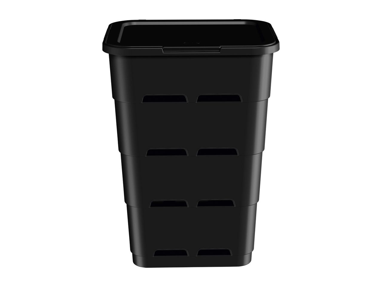 Black plastic container with drainage holes.