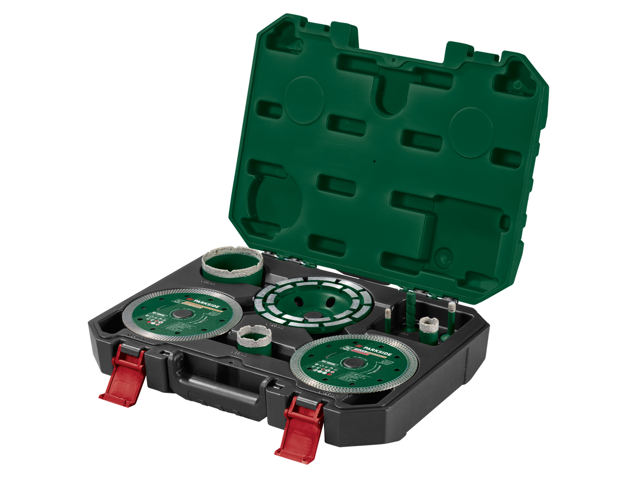 Parkside® plytelių įrankių rinkinys su deimantiniais pjovimo diskais ir grąžtais žaliame dėkle.