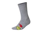 Grey sock with a Grinch wearing a Santa hat design on the toe