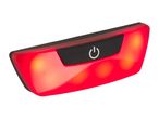 Red bicycle rear light with a black power button featuring a white power symbol.