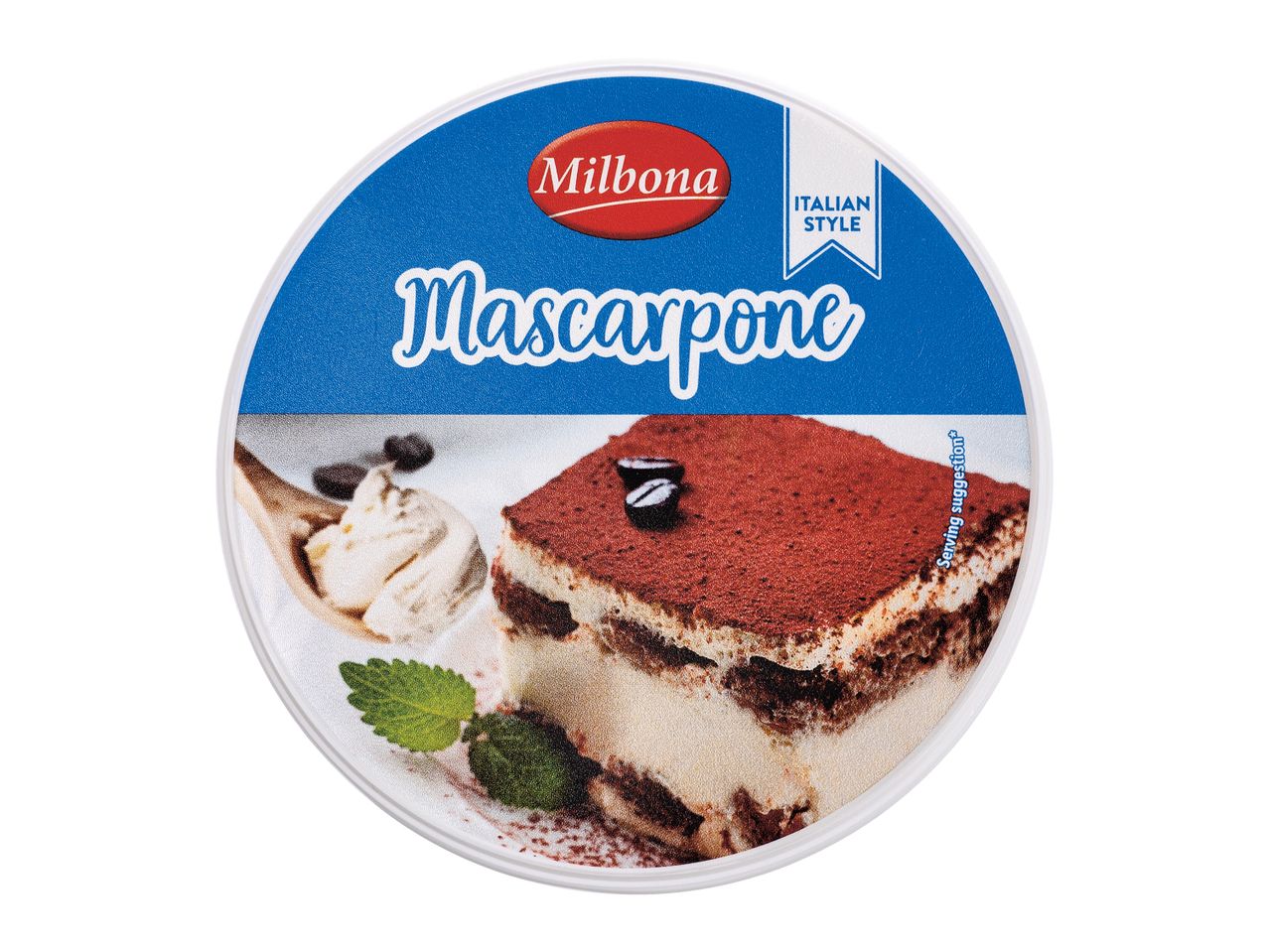 Recipient Milbona de mascarpone, stil italian, cu o sugestie de servire cu tiramisu.