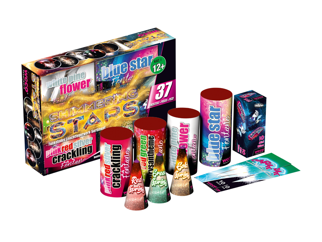 Funkelndes Leuchtfeuerwerk-Sortiment mit Fontänen und Wunderkerzen.
