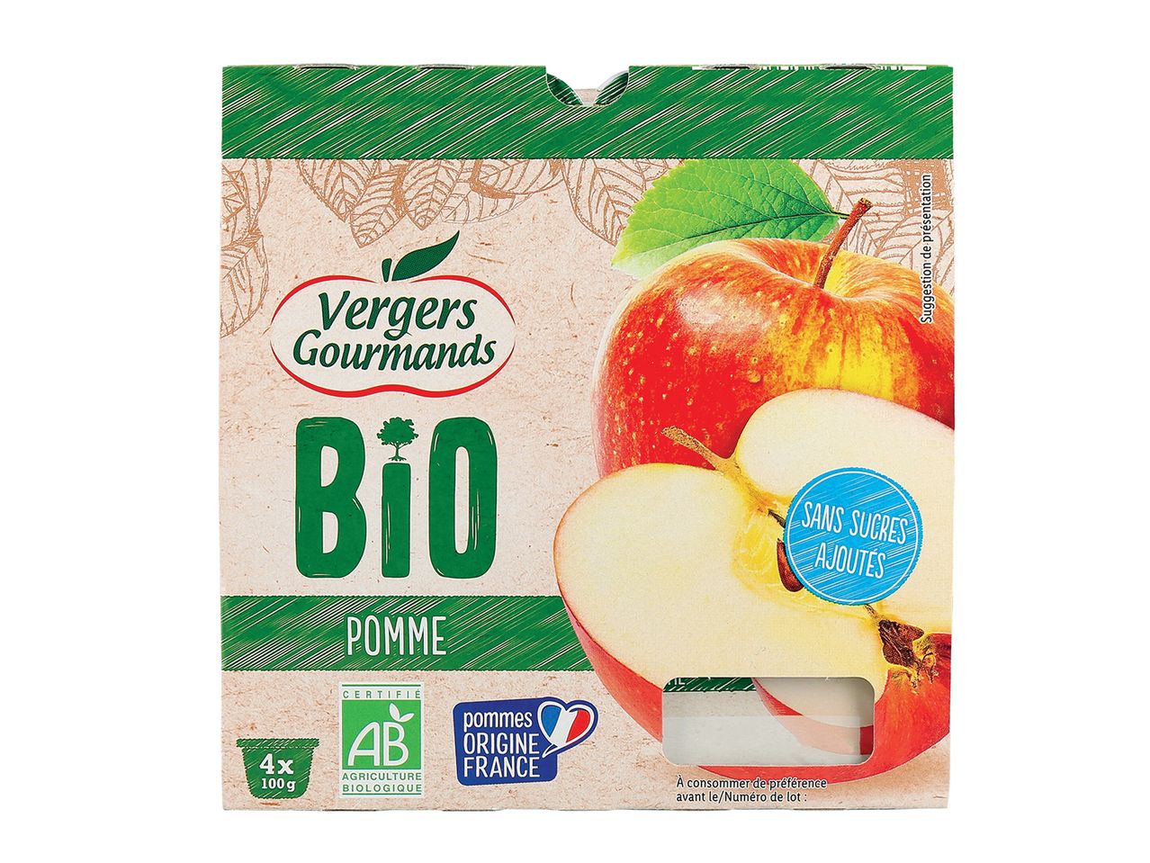 Compotes de pommes Vergers Gourmands Bio, sans sucres ajoutés, 4 x 100g.