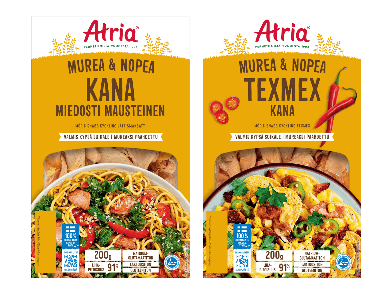 Kaksi pakkausta kanaa: toinen miedosti maustettu ja toinen Texmex-maustettu, molemmat valmiita suikaleita.