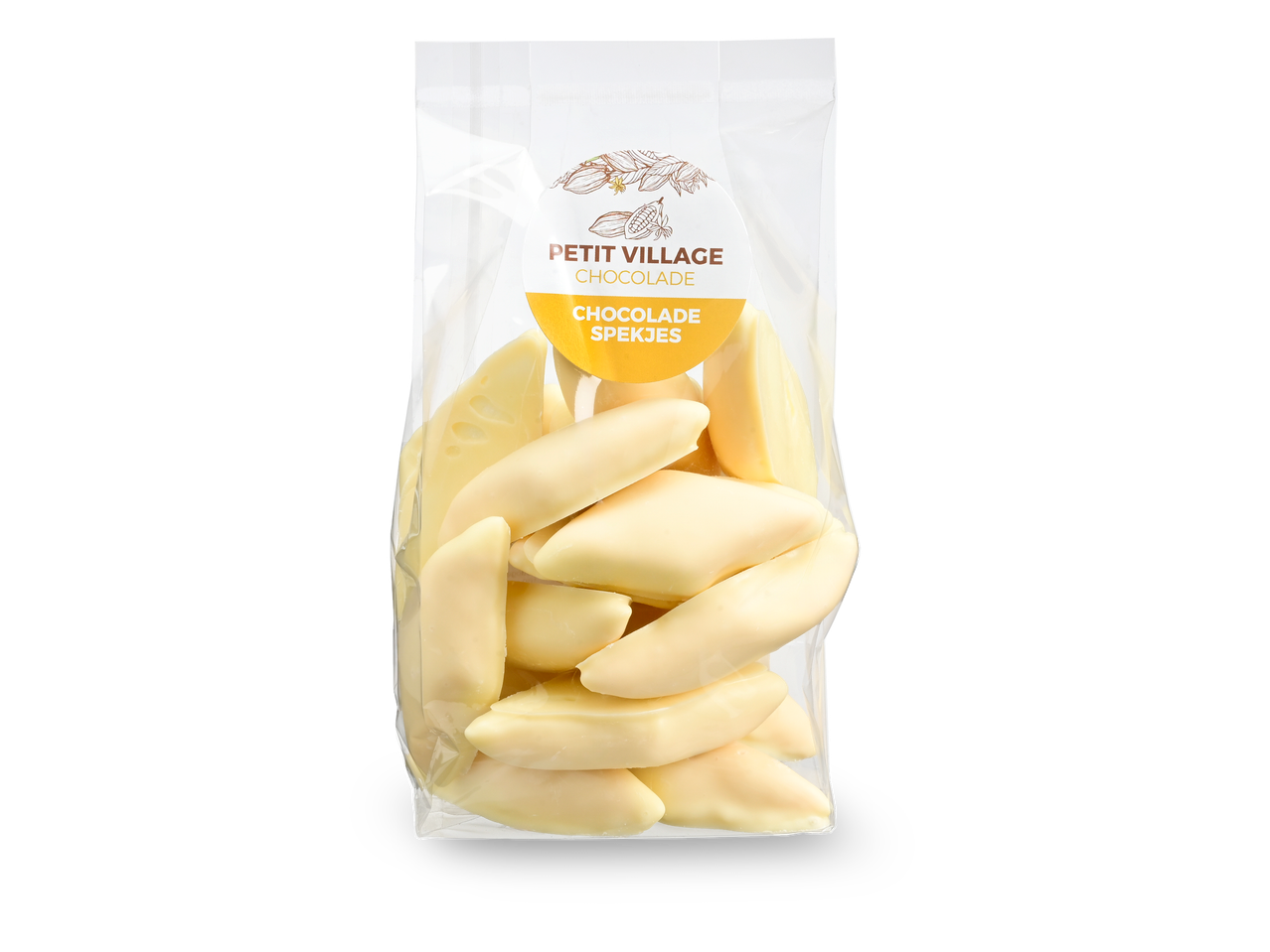 Een zak witte chocolade spekjes met een label met cacaobonen en de tekst 'Chocolade Spekjes'.