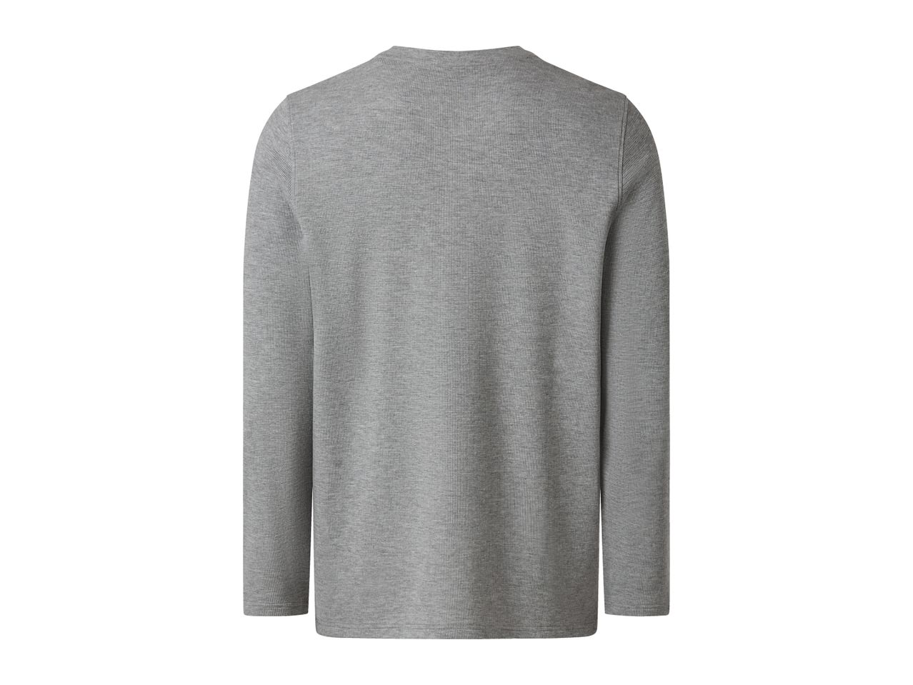 Back view of a gray long-sleeved thermal shirt.