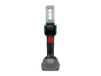 A cordless LED work light with a gray head, green body, and red button.