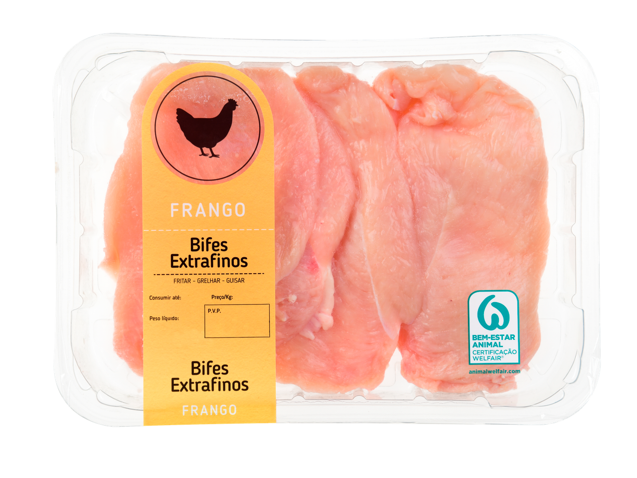 Bifes de frango extrafinos em embalagem transparente com rótulo amarelo, destacando a certificação Animal Welfair.