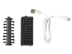 Silvercrest belaidžio cikloninio dulkių siurblio priedai: šepečiai ir USB-C laidas.
