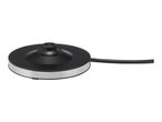 Black electric kettle base with a silver band and a power cord extending to the right.