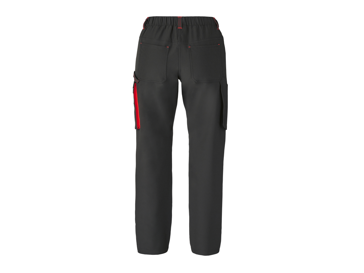 Calças de trabalho PARKSIDE PERFORMANCE para senhora em preto com detalhes vermelhos, vista traseira.