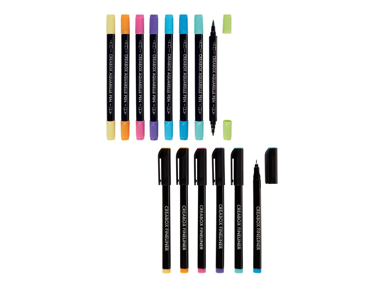 Set aus Aquarellpinselstiften und Finelinern in verschiedenen Farben