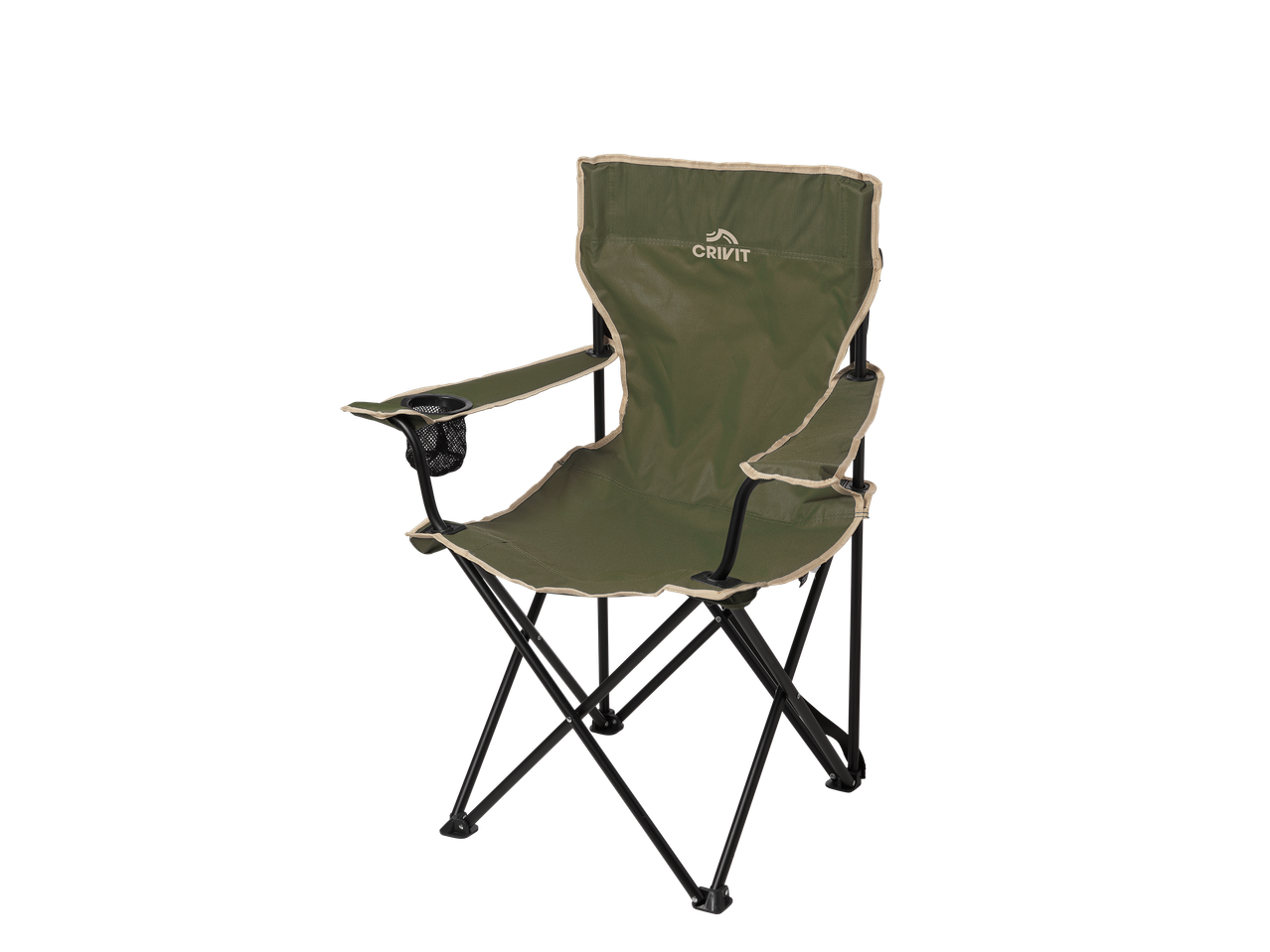 Chaise de camping pliable verte avec accoudoirs et porte-gobelet.