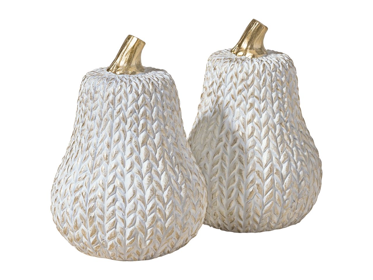 Two decorative white and gold pumpkins with a textured, leaf-like pattern.
