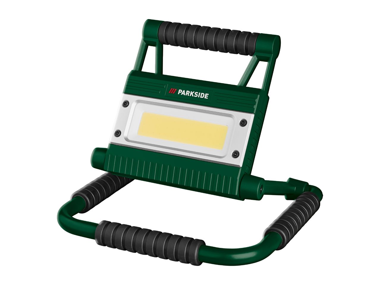 Green and black portable LED work light with a handle and stand