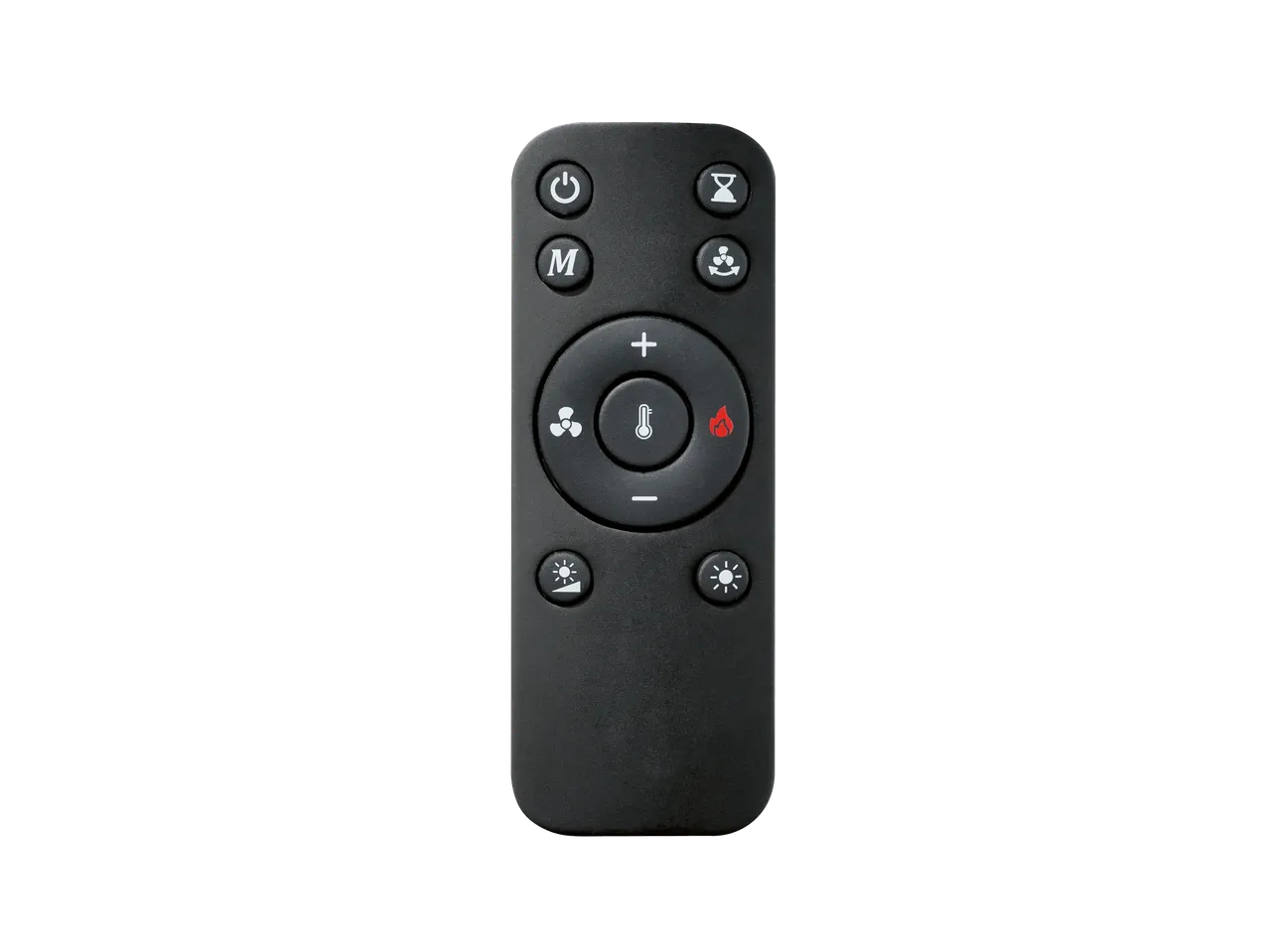 Telecomando nero per termoventilatore TRONIC® con pulsanti per accensione, modalità, timer, ventola, temperatura e luce.
