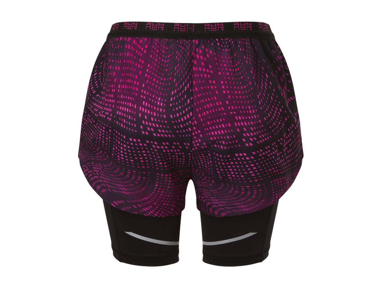 Black and pink patterned running shorts with black compression shorts underneath.