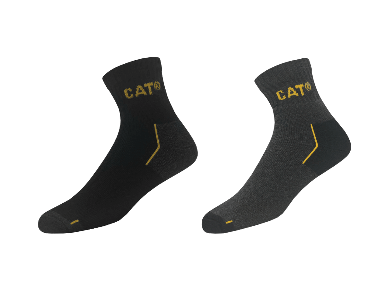 Dvi poros CAT prekės ženklo juodų ir tamsiai pilkų kojinių su geltonais akcentais.