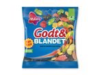 Blå pose med blandet vingummi og saltlakrids, med teksten 'Godt & Blandet' og 'Fun Size'.