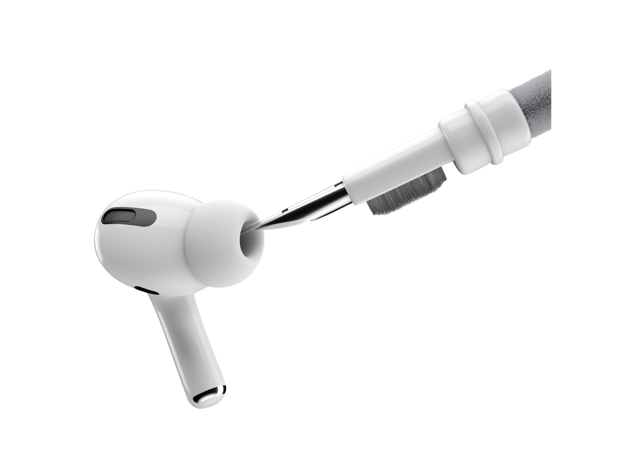 Um fone de ouvido AirPods Pro branco sendo limpo com uma ferramenta de limpeza.