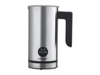 Stainless steel milk frother with black handle and control panel with various frothing options.