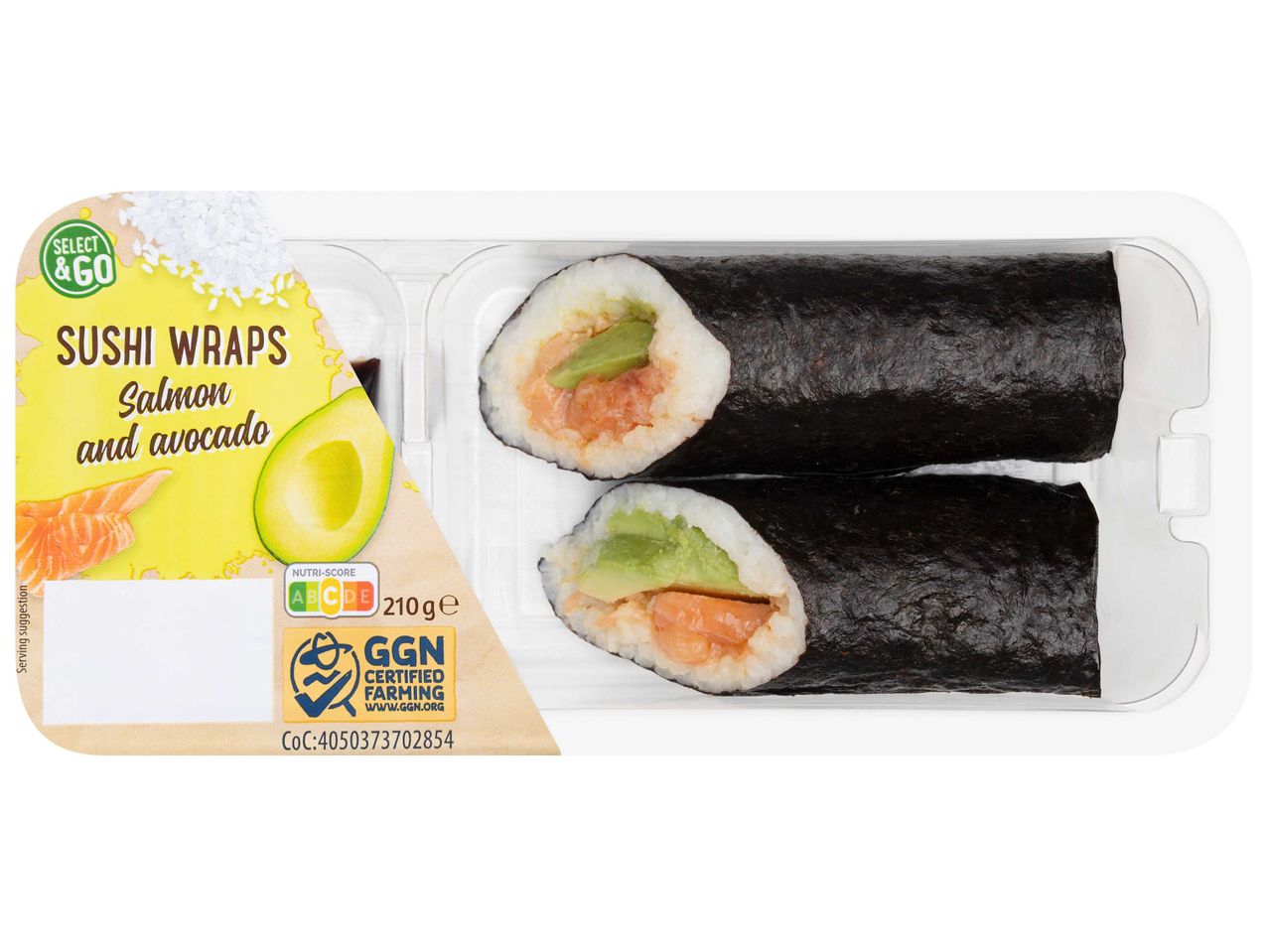 Select & Go lazac és avokádós szuszi tekercsek műanyag tálcában.