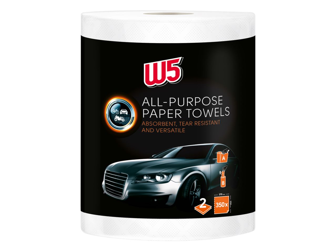 WS All-Purpose Paper Towels roll, shown with car detailing theme.