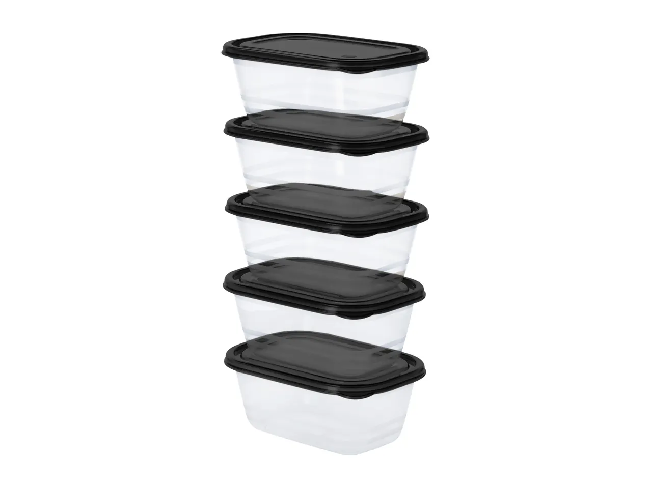 A stack of five clear rectangular food storage containers with black lids.