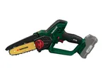 Cordless mini chainsaw with a yellow guide bar and a grey battery pack.