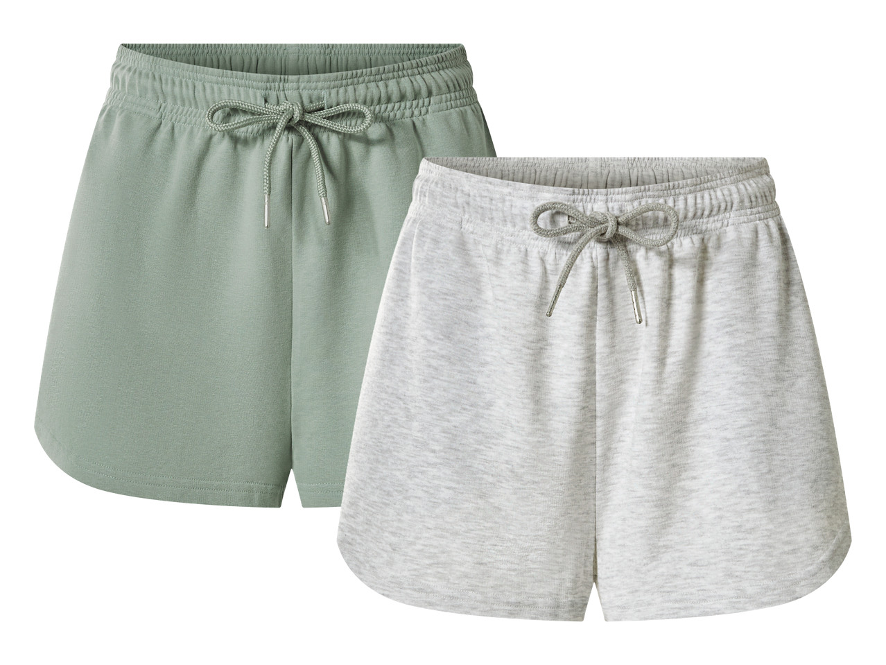Dvoje ženskih kratkih hlača za slobodno vrijeme: jedne zelene i jedne sive boje.