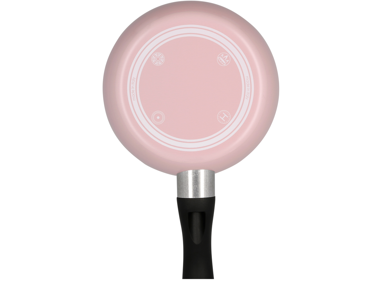 Uma pequena frigideira rosa claro com cabo preto.