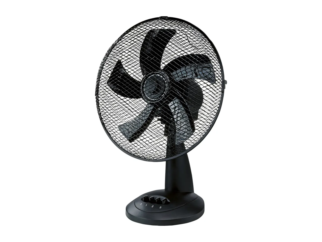 Black desk fan with a mesh guard and speed control buttons on the base.