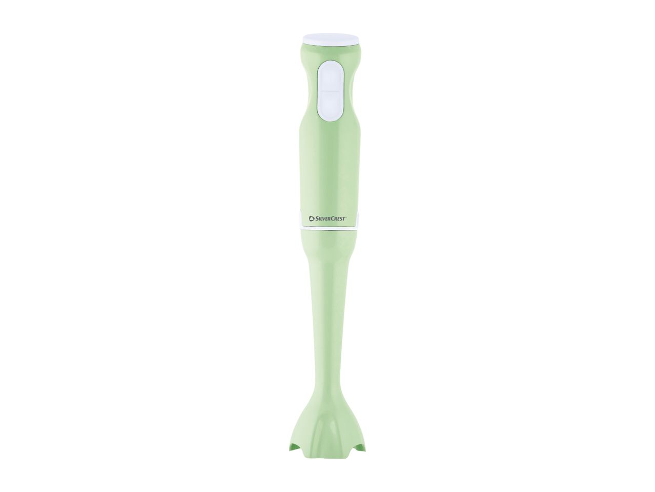 Light green immersion blender with white buttons and top, standing upright.