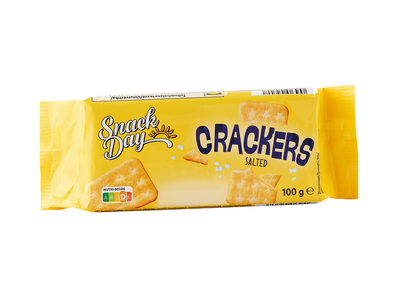 Žuti paket Snack Day slanih krekera s Nutri-Score oznakom.