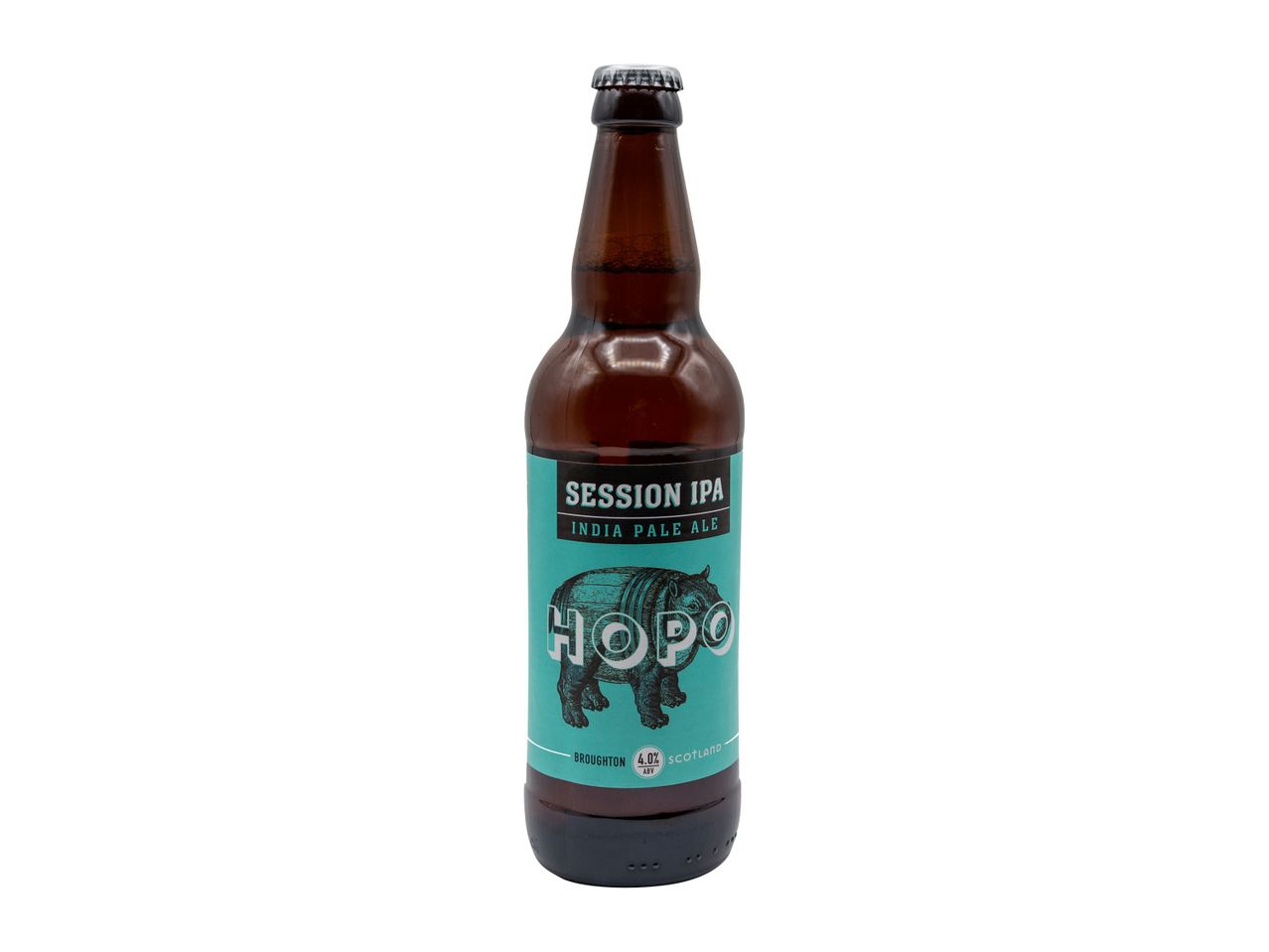 A brown glass bottle of Session IPA beer with a teal label featuring a hippopotamus.