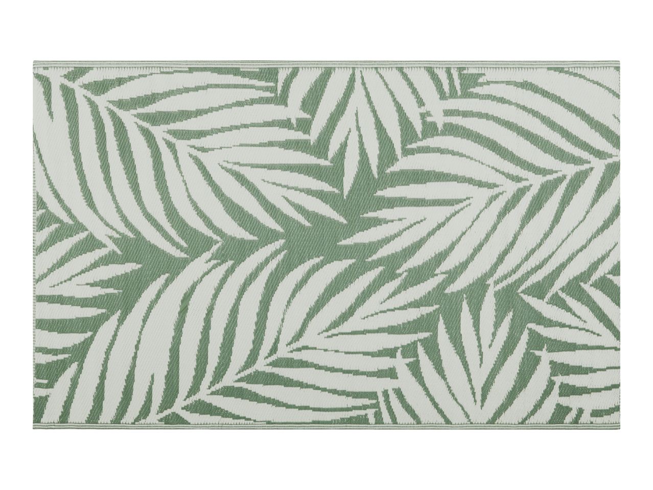 Green and white outdoor rug with a tropical palm leaf pattern.