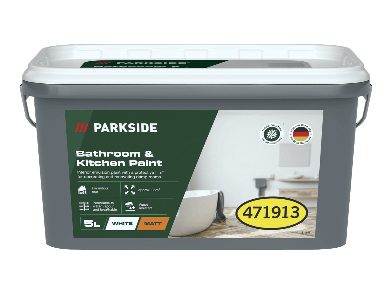 5L tub of white matt bathroom and kitchen paint, mould-resistant and made in Germany.